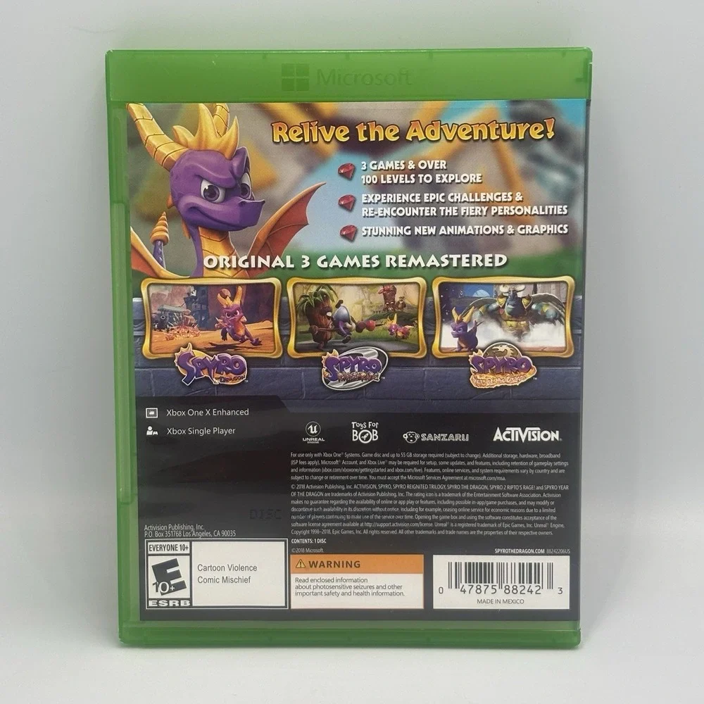 Spyro Ignited Trilogy (Microsoft Xbox One) No Insert Tested Good Cond